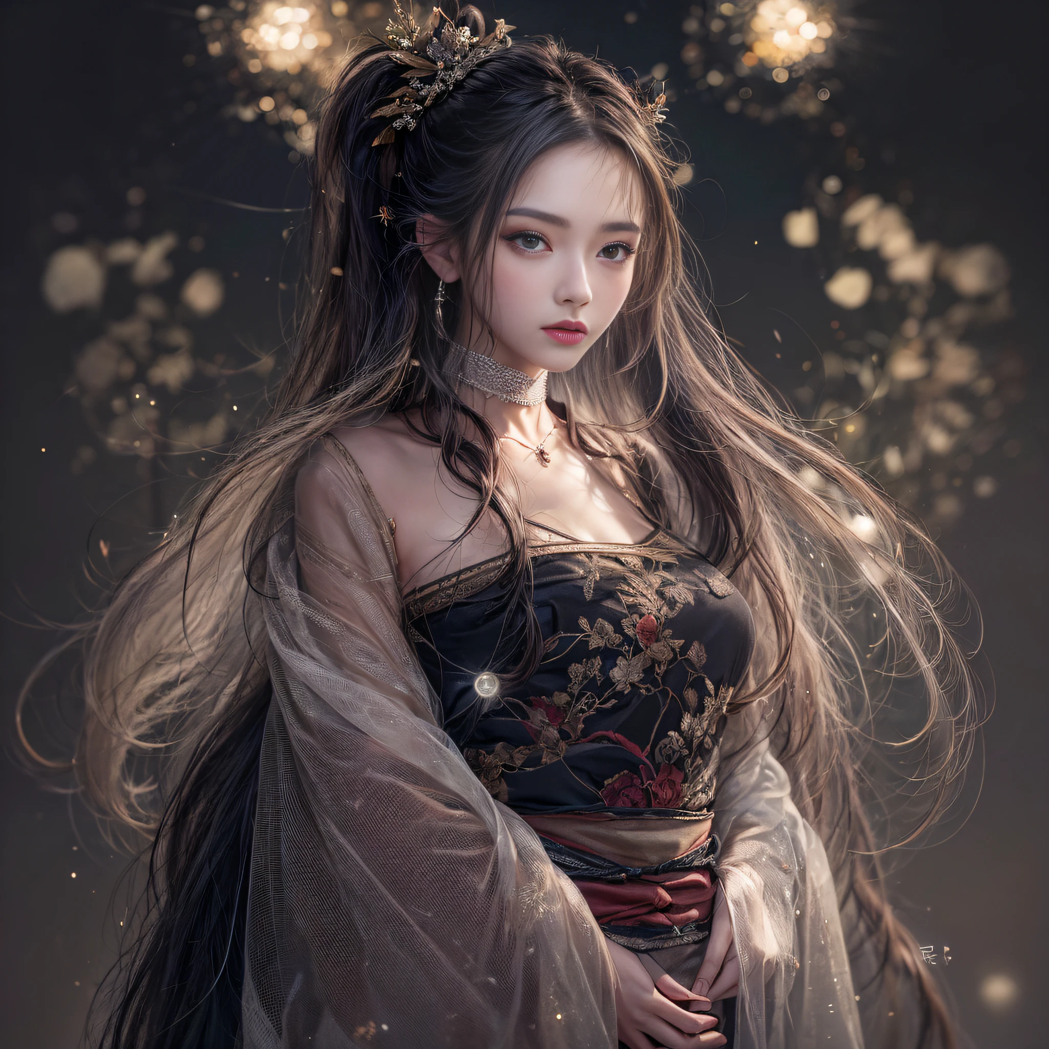 best qualtiy， tmasterpiece， A high resolution， 1girll，Hanfu dress，hair adornments，choker necklace，jewely，beauitful face，after sexing_Body，Tyndall effect，realisticlying，Dark Studio，edge lit，twotonelighting，（highdetailskin：1.2），8K, Ultra HD，，gentle illumination，high high quality，Volumetriclighting，Frankness，photore，A high resolution，4K，8K，Bokeh