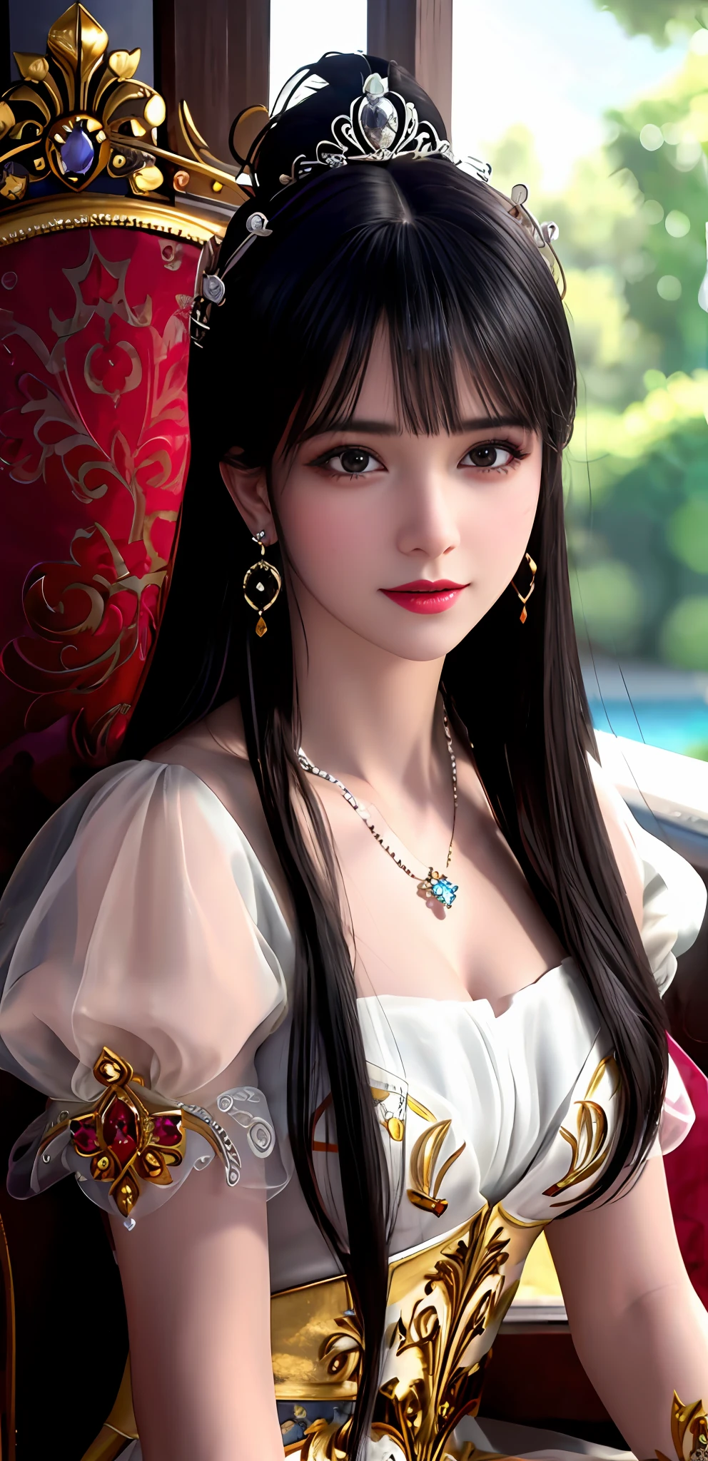 (realisticity: 1.2), best quality, 8K UHD, masterpiece, highres,cg,
1 super detailed girl, super detailed queen

, sitting on a super detailed royal throne, lud, xurious royal palace background, beautiful and detailed, super detailed long hair, wearing a beautiful and luxurious crown with diamonds and super detailed,

super detailed dress, Super detailed dress sleeves, super detailed beautiful earrings, Beautiful and beautiful necklace full of super detailed diamonds,  
 solo, jewelry, super detailed red and yellow dress, pretty face, beautiful, and super detailed, 

, earrings, super detailed hairdo, splashing, the upper body is very super detailed, super detailed hair bun, super detailed black hair,
lighting,candid,Photograph,high resolution,4k,8k,Bokeh,