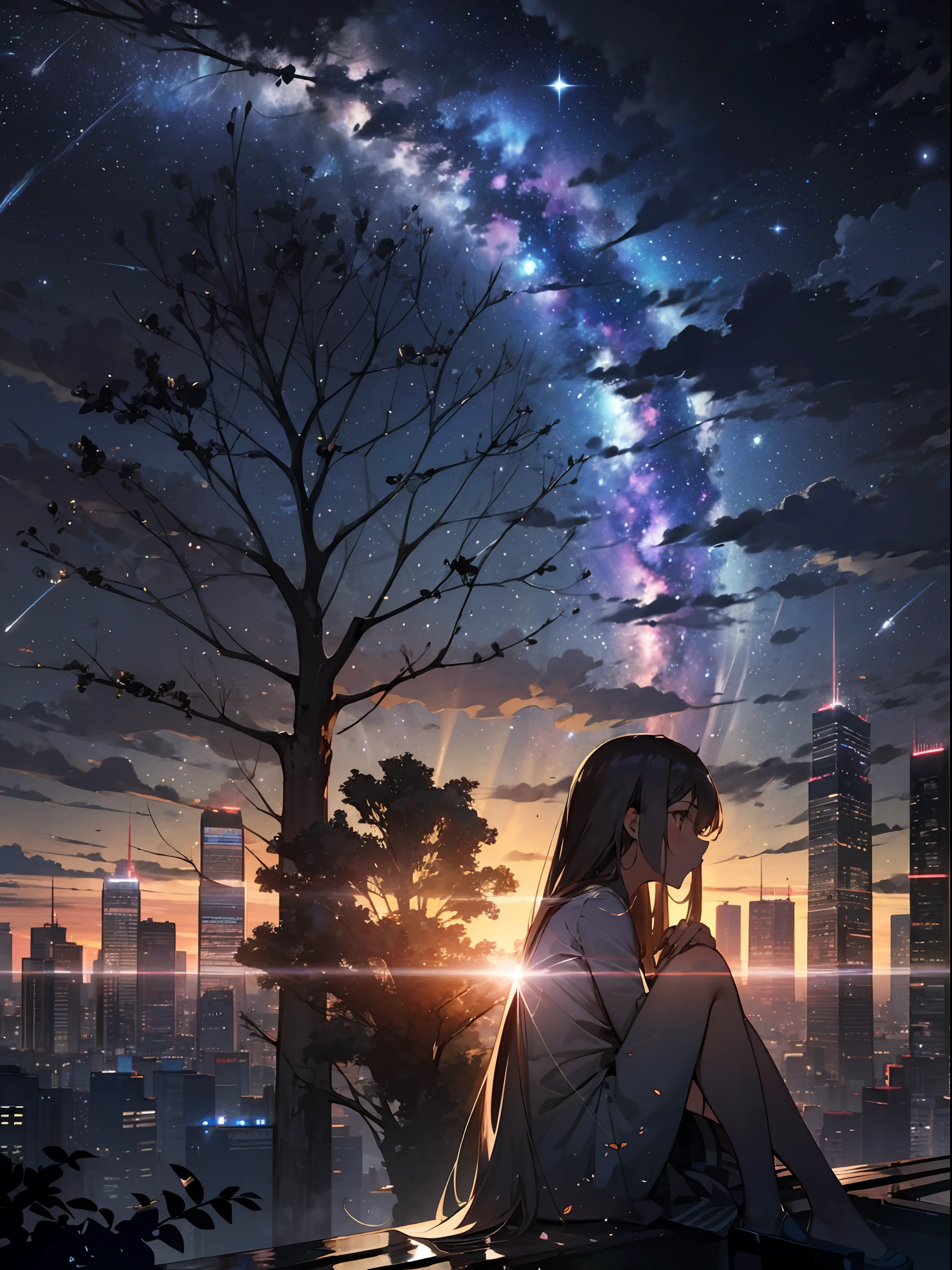 Ciel, étoile (Ciel), paysage, étoilery Ciel, nuit, 1fille, nuit Ciel, seulement, En plein air, bâtiment, nuage, voie Lactée, Séance, arbre, cheveux longs, Ville, silhouette, Villescape