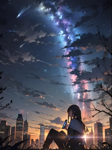 sky, star (sky), scenery, starry sky, night, 1girl, night sky, solo, outdoors, building, cloud, milky way, sitting, tree, long h...