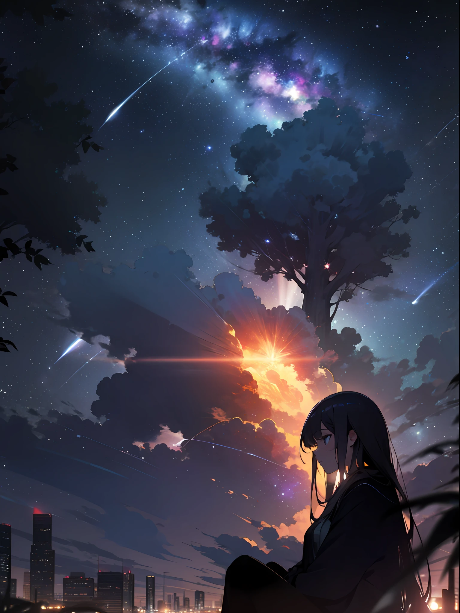 sky, star (sky), scenery, starry sky, night, 1girl, night sky, solo, outdoors, building, cloud, milky way, sitting, tree, long hair, city, silhouette, cityscape