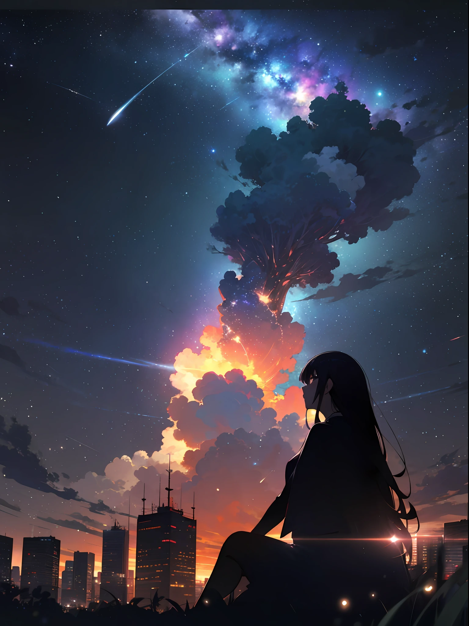 sky, star (sky), scenery, starry sky, night, 1girl, night sky, solo, outdoors, building, cloud, milky way, sitting, tree, long hair, city, silhouette, cityscape