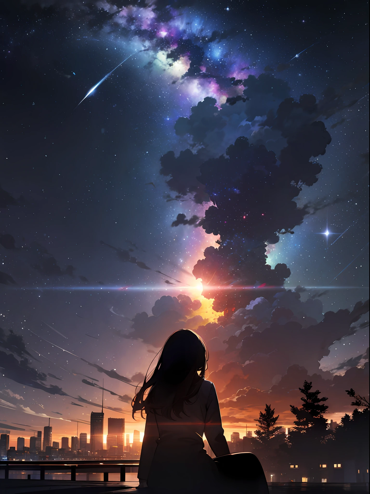 sky, star (sky), scenery, starry sky, night, 1girl, night sky, solo, outdoors, building, cloud, milky way, sitting, tree, long hair, city, silhouette, cityscape