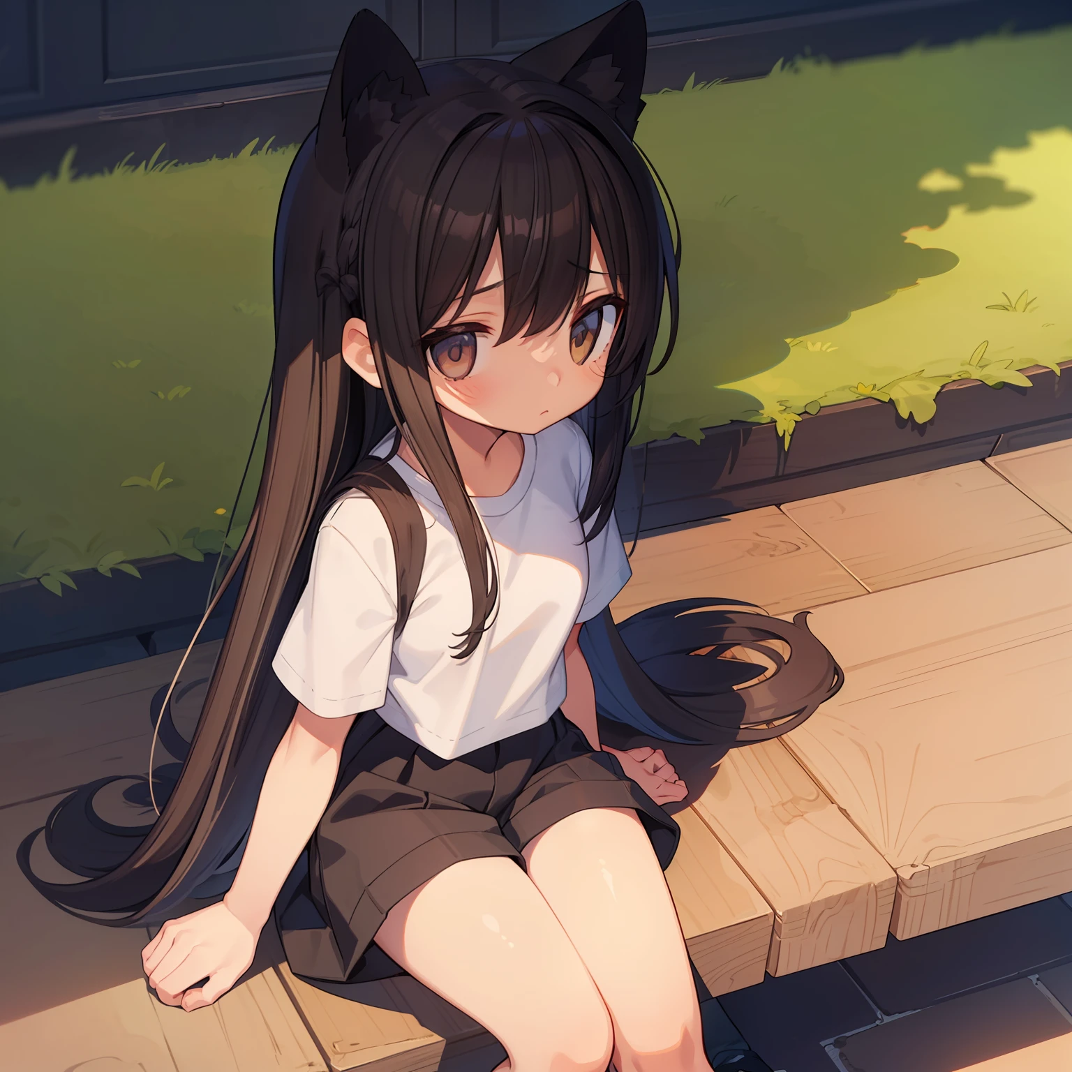 10 year old girl、sitting on、Facing the front、Large ribbon on the back of the head、length hair、white t-shirts、culottes、Black shorts、Crotch gap、Toostock、brown shoes、Soft tones、Every detail is meticulously explained、High-quality CG illustrations、Best light and shadow、Vibrant colors