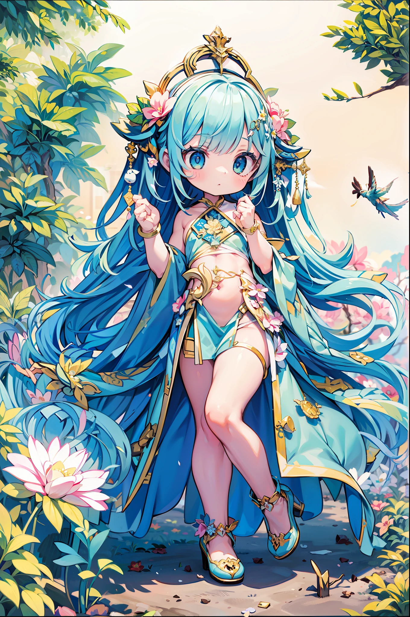 A goddess of flowers. Everything covered in flowers, Rest on his throne made of branches and plants in the middle of a spring garden.. She is extremely beautiful and her skin is clear and fine., Her eyes are innocent and sweet