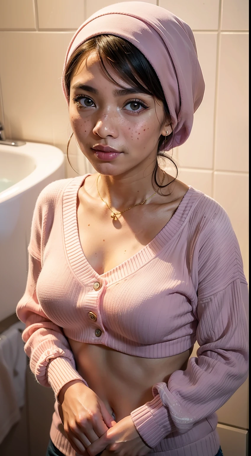 Arafed woman with a pink hat and a pink sweater - SeaArt AI