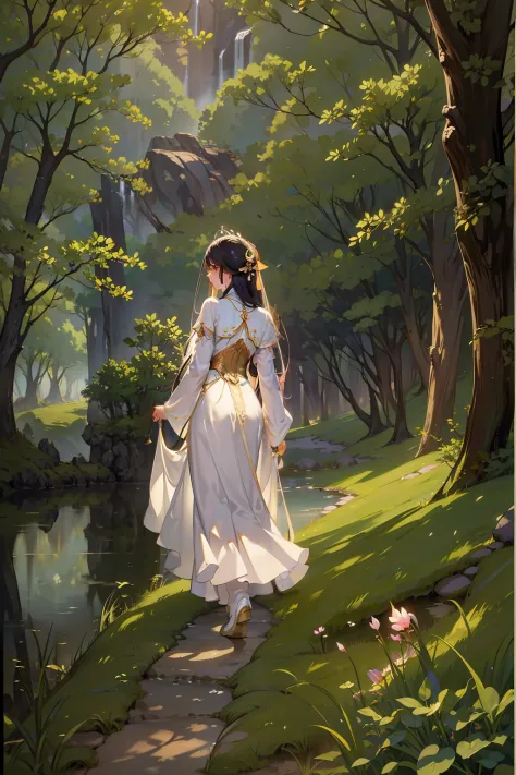 "Antique picture quality，Wonderland of light and shadow，Foggy，A fairy in white clothes，Take a leisurely walk，Elegant dancing，Wearing an ancient long dress，Flowing hair，Traditional bow and arrow，Winding trails，Hazy woods，Looking out over the mountains，The s...