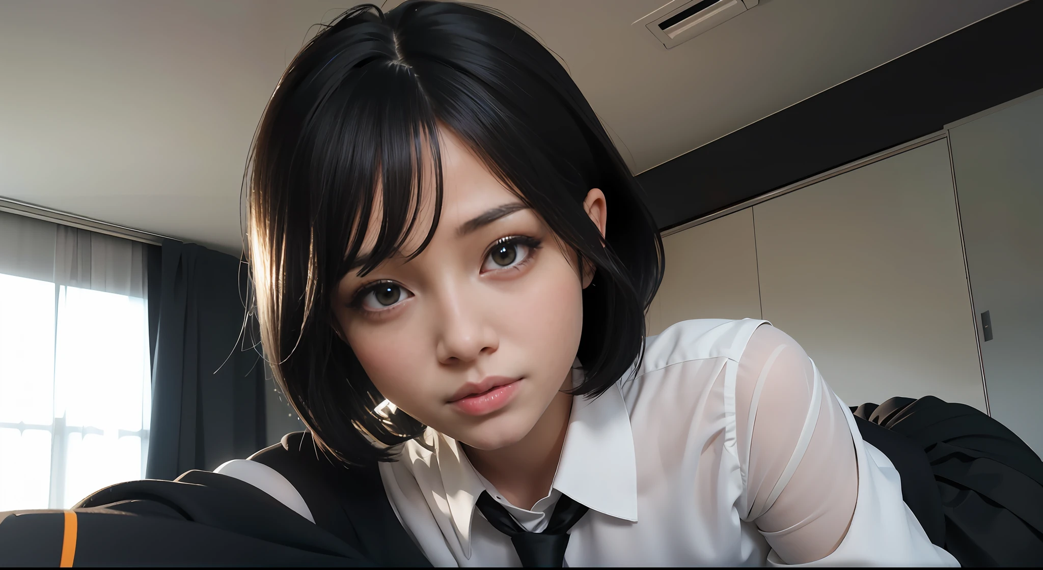 Há uma mulher com uma camisa branca e uma gravata preta, retrato realista kawaii, estilo anime 3 d realista, garota de anime na vida real, Estudantes do surrealismo, rosto de anime natural fofo, anime fotorrealista, anime hiper realista, com cabelo curto, jovem anime realista, [ Fotorrealismo 4k ]!!, Estudantes do surrealismo, retrato suave fotografado em 8k