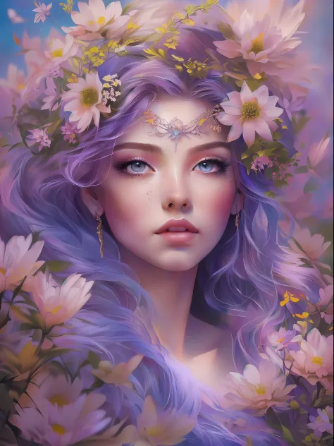 This artwork is dreamy and in the style of mythic fantasy, with soft watercolor hues in varying shades of pink, blue, and purple...