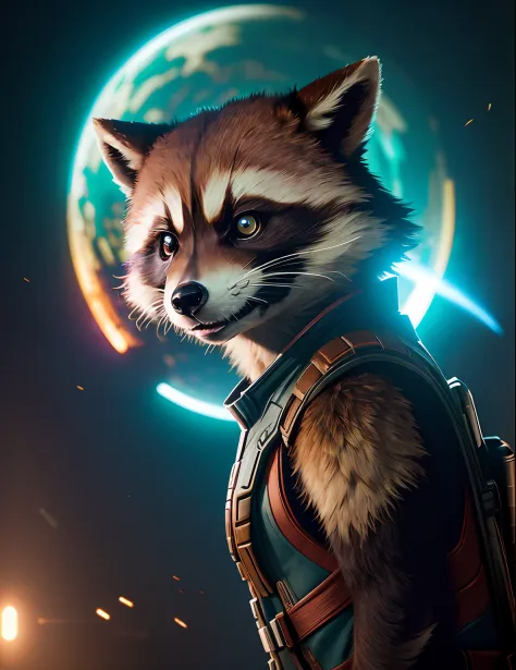itrobo2022 (Rocket Raccoon)+++, scene from Guardians of the Galaxy 2014 movie, ray tracing,best quality,(best quality:1.2), (detailed:1.2), (masterpiece:1.2), an extremely delicate and beautiful,realistic,photograph,low key,incredibly_absurdres,colorful,De...