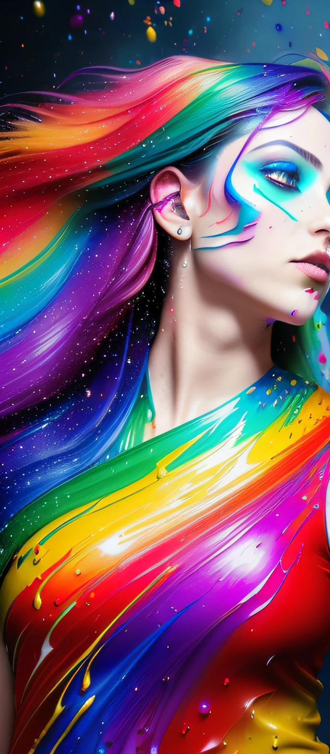 (Height difference:1.8),(Paint clashes and splashes on the canvas),(depth of fields),1 girl's side face blends into it，Refined looks，Amazing beauty，Radiant eyes，Seductive eyes(intricately details），luxury accessories，delicatenecklace（Liquid pigments）((sideface)),(Liquid pigment rainbow hair:1.1) Made of painting defies gravity,Thick flow,(paint splatter:1.3),liquid state, Rainbow-colored droplets,Exploding rainbow paint，tmasterpiece,Background of details,Ultra-high quality models,Ethereal background,Abstract beauty,Explosive volume,oil painted,Heavy strokes,Romantic lights,Sub-surface scattering，Lens 135mm，F1.8，with light glowing，8K，A high resolution，dream magical，Ray traching，hdr，God Ray，