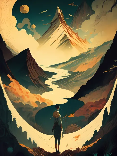 a painting of a person standing in front of a mountain with a river running through it by victo ngai