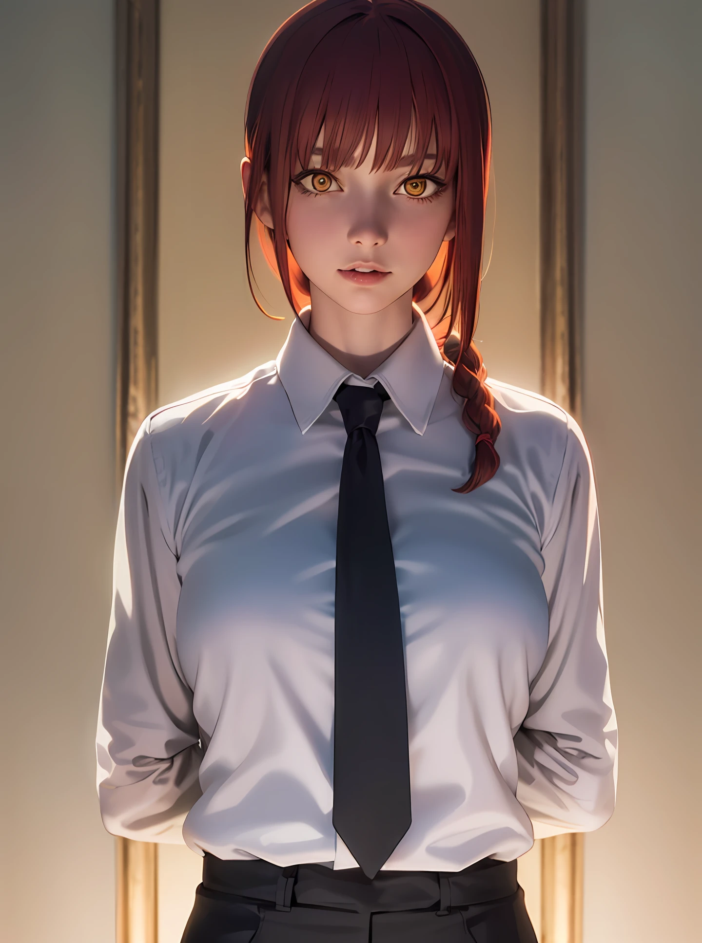 best quality, masterpiece, highres, 8k, photorealistic, original, extremely detailed wallpaper, (ultra-detailed), (best illustration), (best shadow), 1girl, (upper body:1.4), makima, red hair, yellow eyes, standing, braided ponytail, ringed eyes, collared shirt, black necktie, black pants,