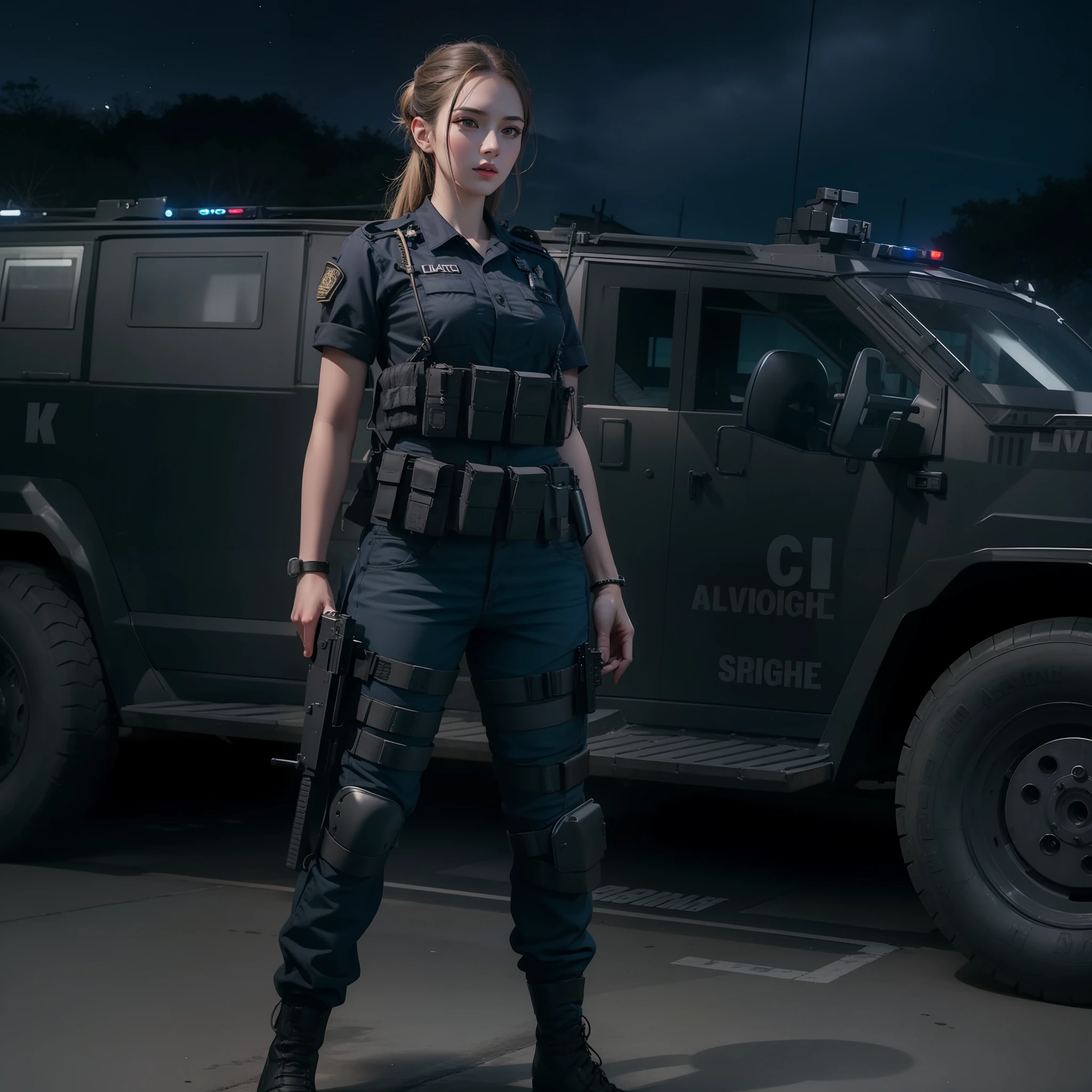 Belle grande femme séduisante avec un uniforme militaire swat noir tenant un scénario de nuit de pistolet avec une voiture swat avec cyrène dans la meilleure qualité et les meilleurs effets meilleures ombres meilleur éclairage 8k