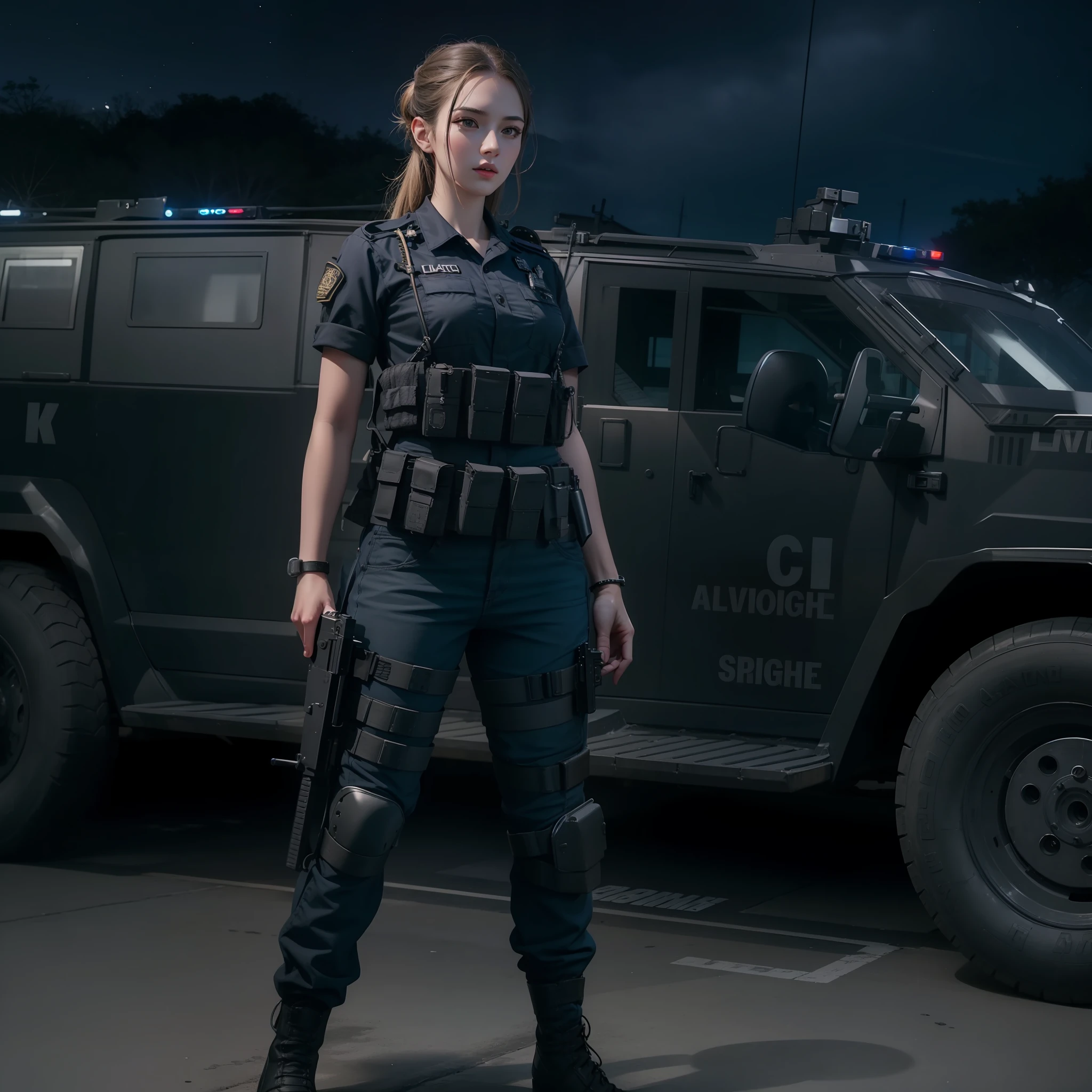 Hermosa mujer alta y atractiva con uniforme militar swat negro sosteniendo un escenario nocturno de arma con auto swat con cirene en la mejor calidad y mejores efectos, mejores sombras, mejor iluminación 8k