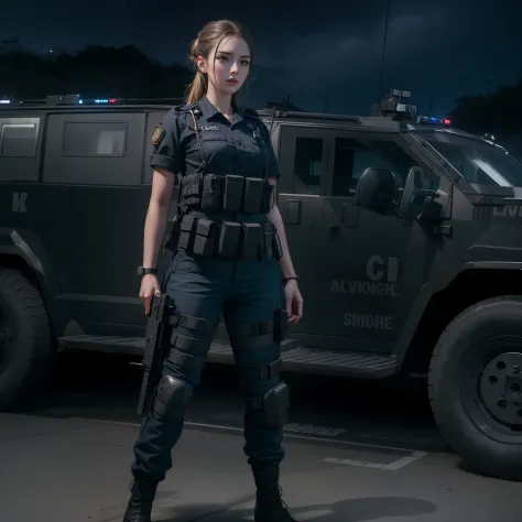 Beautiful tall attractive woman with black swat military uniform holding a gun night scenario with swat car with cyrene in best ...