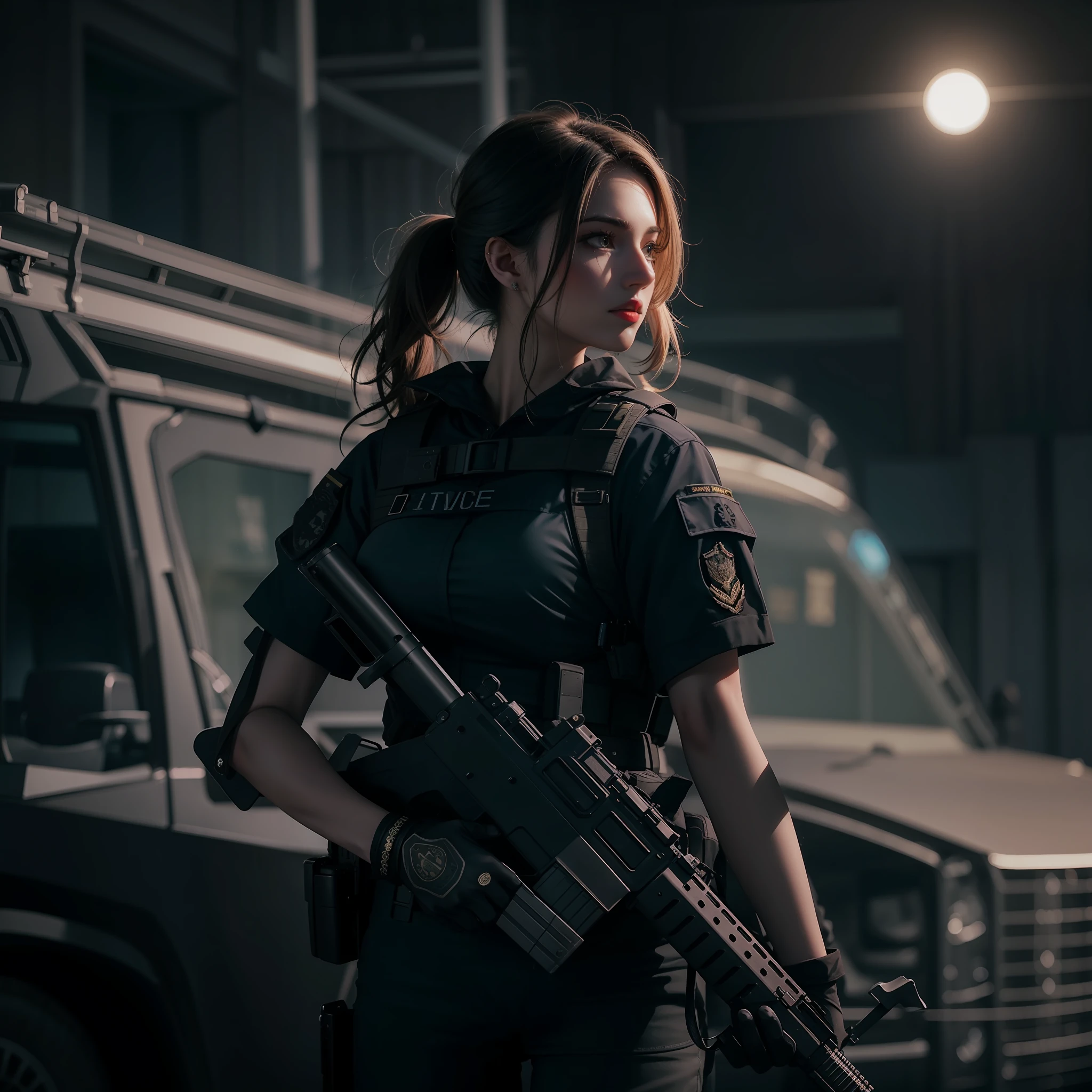 Belle grande femme séduisante avec un uniforme militaire swat noir tenant un scénario de nuit de pistolet avec une voiture swat avec cyrène dans la meilleure qualité et les meilleurs effets meilleures ombres meilleur éclairage 8k