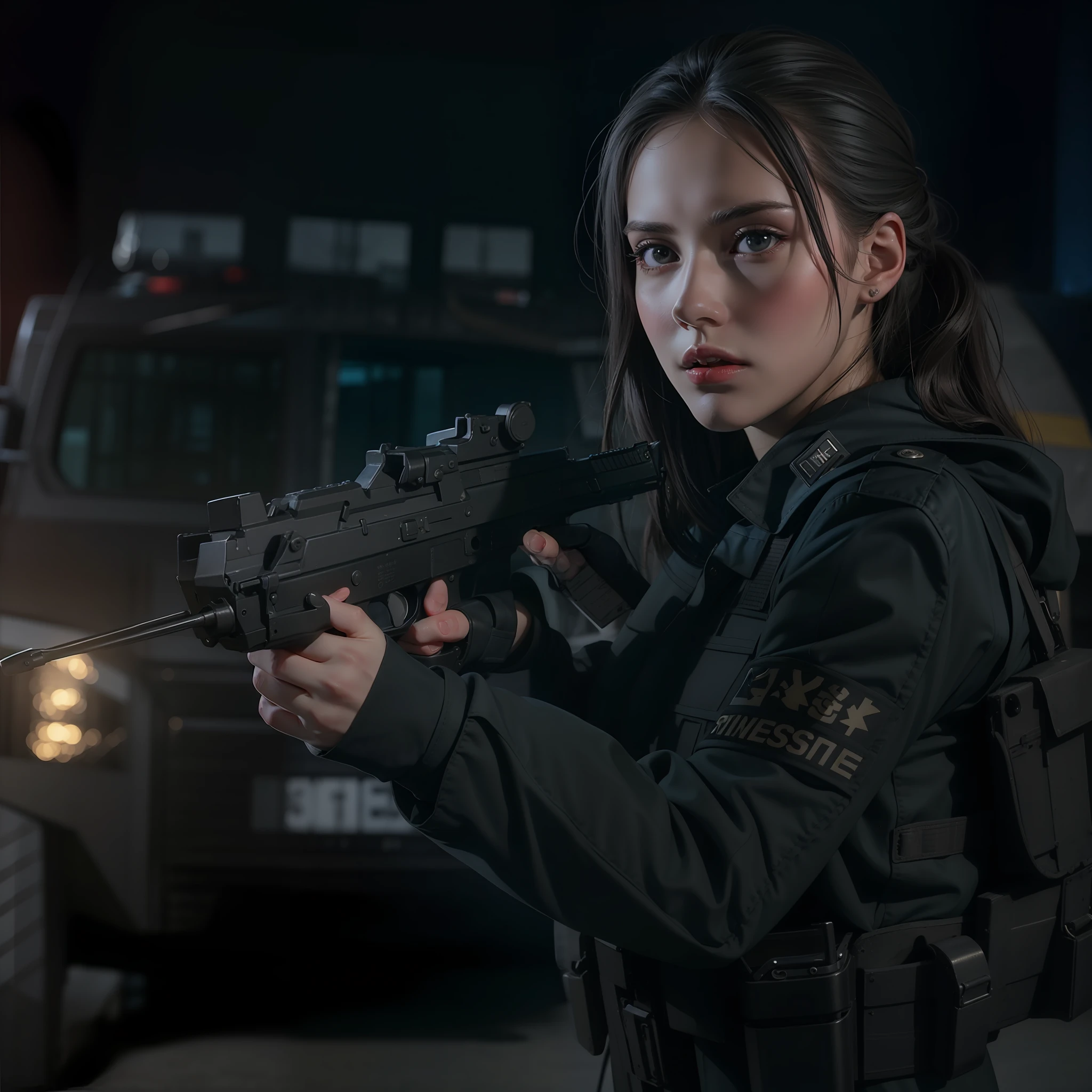 Hermosa mujer alta y atractiva con uniforme militar swat negro sosteniendo un escenario nocturno de arma con auto swat con cirene en la mejor calidad y mejores efectos, mejores sombras, mejor iluminación 8k