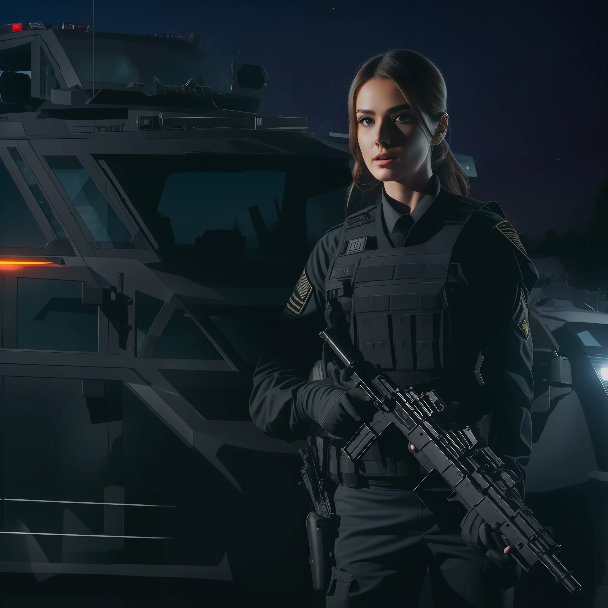 Belle grande femme séduisante avec un uniforme militaire swat noir tenant un scénario de nuit de pistolet avec une voiture swat avec cyrène dans la meilleure qualité et les meilleurs effets meilleures ombres meilleur éclairage 8k