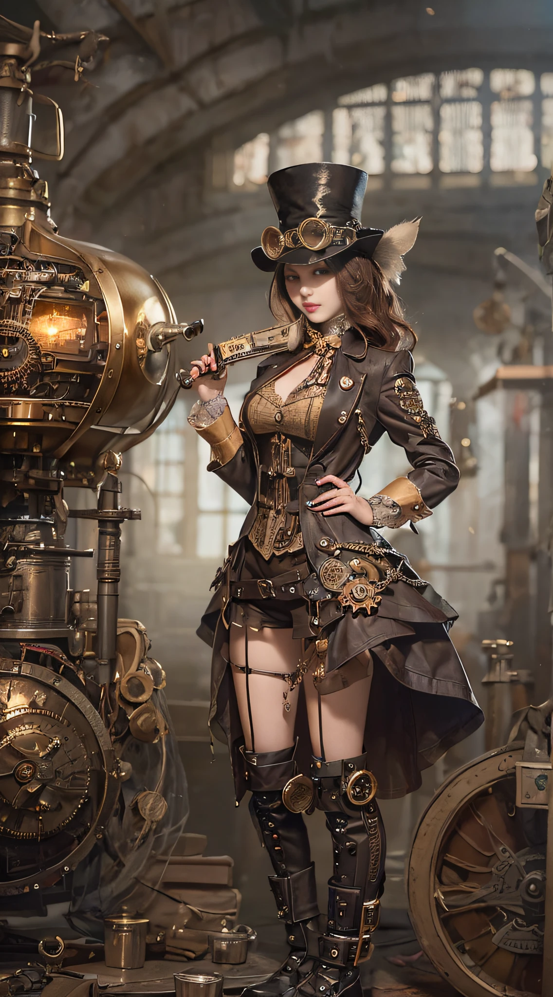 Arafed woman in steampunk outfit standing next to a steam engine - SeaArt AI