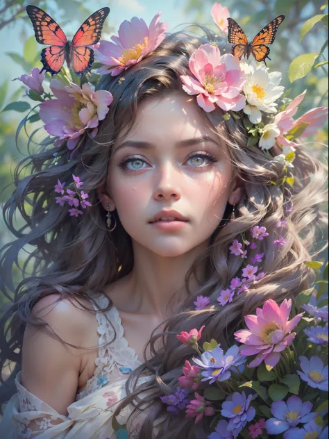 This artwork is dreamy and in the style of mythic fantasy, with soft watercolor hues in varying shades of pink, blue, and purple...