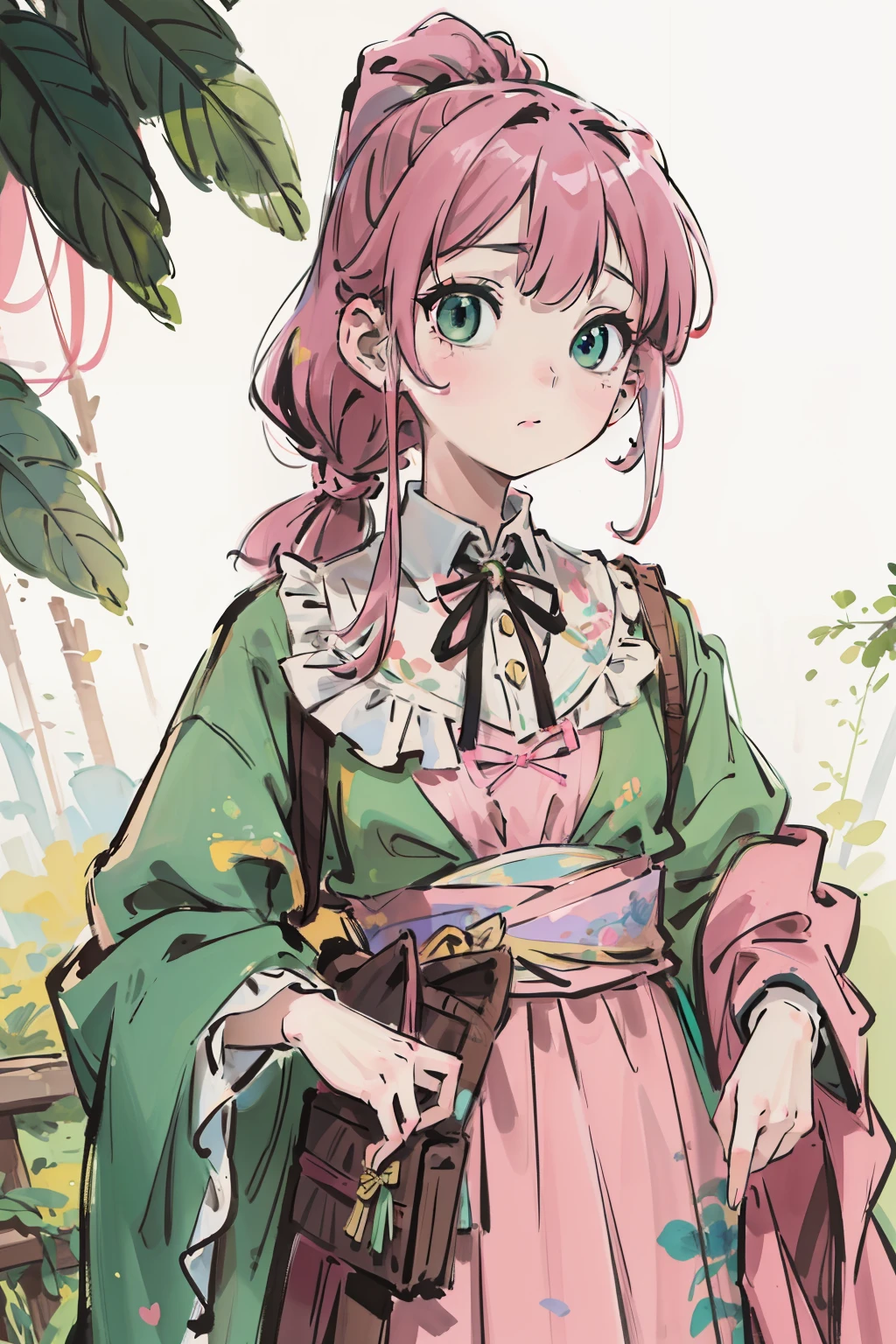 Anya forger, illustration, masterpiece, high quality, best quality, (high detailed:1.2), (extremely detailed:1.3), painting, pink hair, green eyes, string ribbon