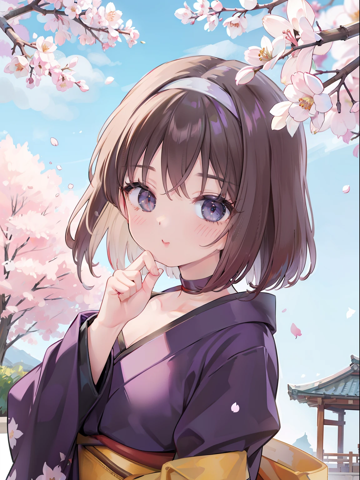 extremely detailed CG unified 8k wallpaper, very fine 8KCG wallpaper, absurderes，Lori ，Best Quality ，ultra-detailliert ，Beautiful face  ，​masterpiece、top-quality ，Best Quality ，ultra-detailliert ，Beautiful face、​masterpiece、top-quality、head band、sumire kanzaki、cups、Violet flowers、Cherry blossoms are blooming、Taisho cityscape