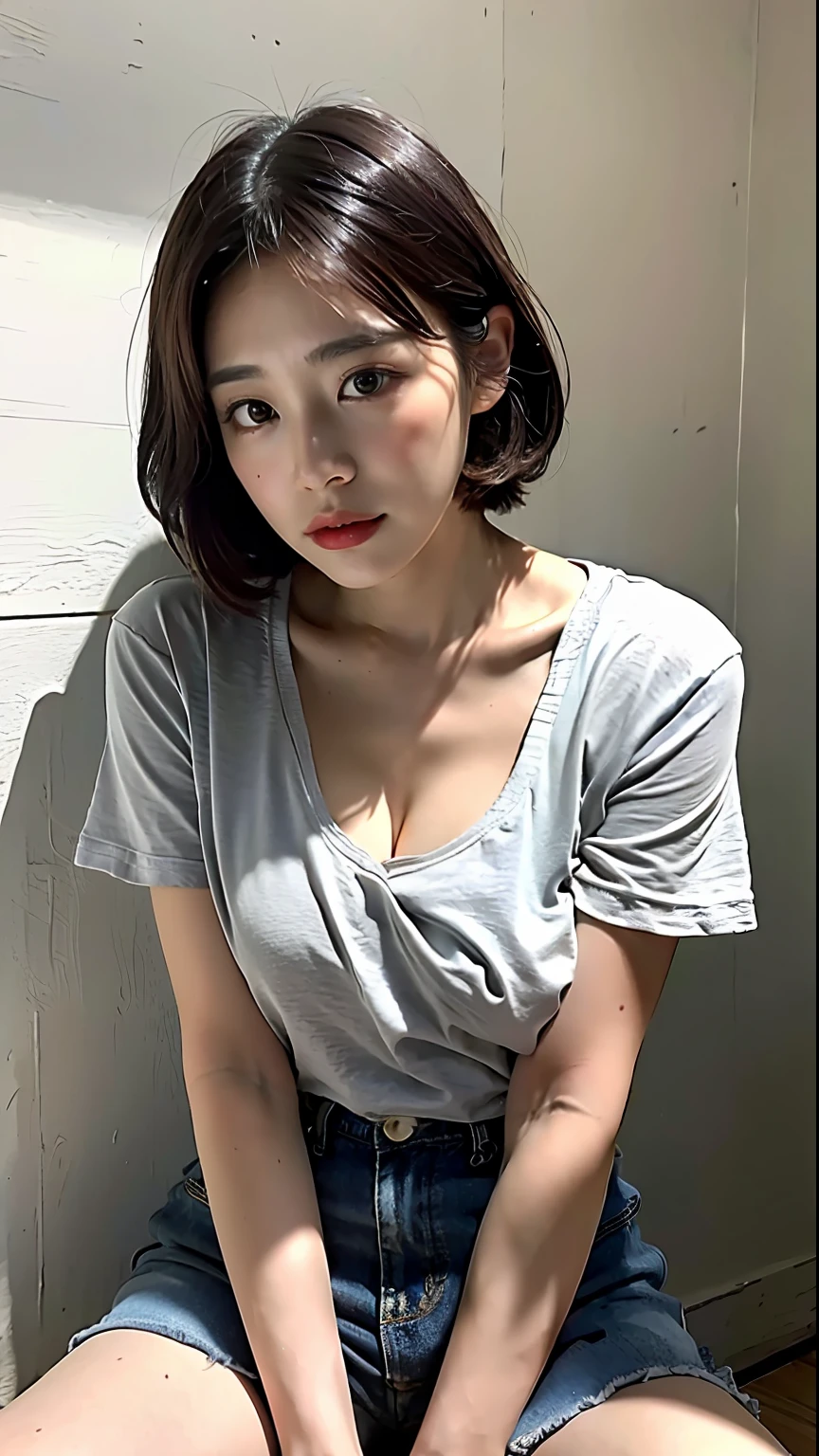 (top-quality、8K、32K、​masterpiece、nffsw:1.2)、Photo of a cute Japanese woman、Black short hair、beauitful face、(Slouched:1.5)、crouching down、(From  above:1.2)、(a closeup:1.4)、POV、Loose T-shirt with wide open chest、Big breasts and abs visible in the T-shirt、(beautiful nipple slips:0.9)、outside of house、the wind、shinny skin、blurry backround、