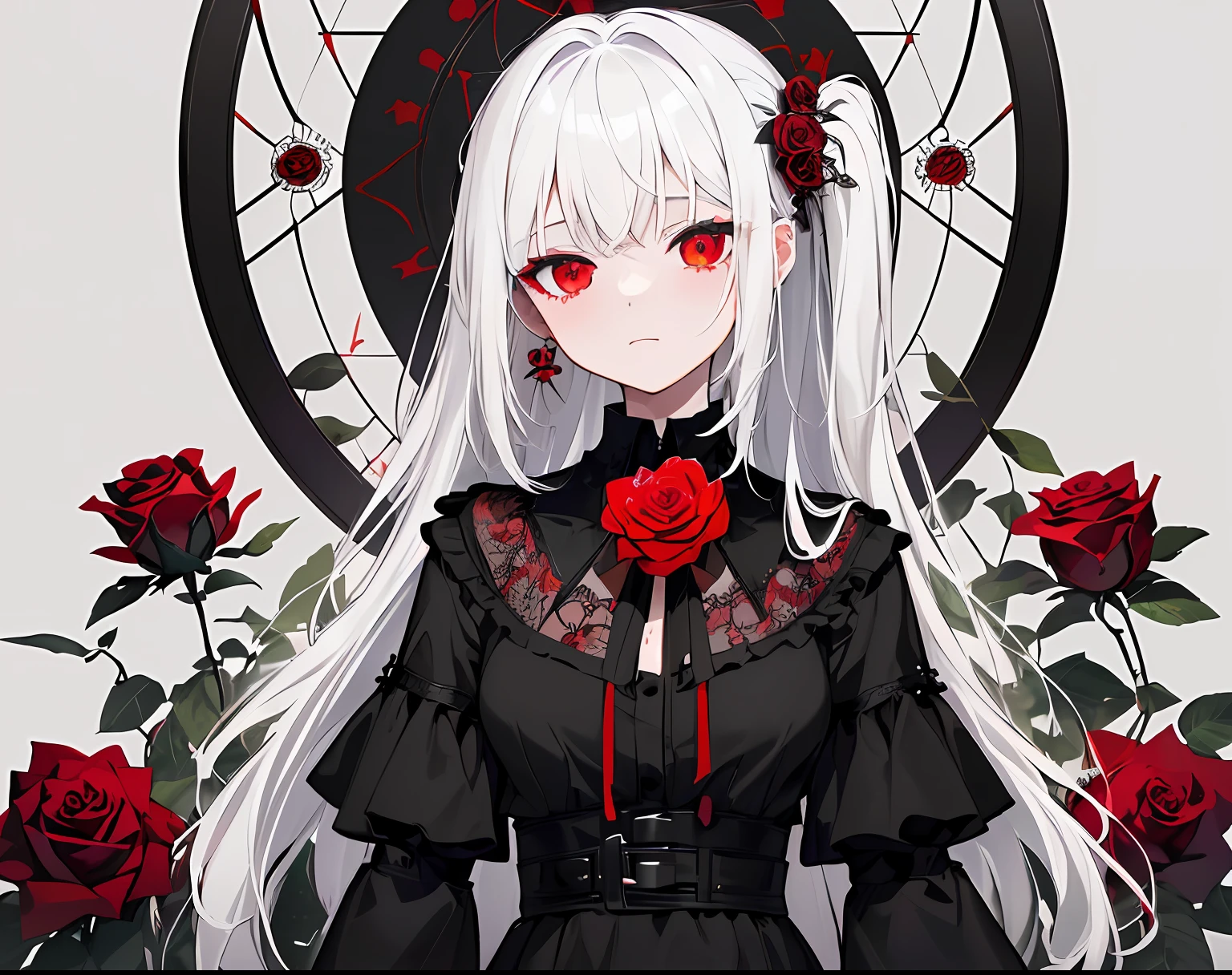 (best quality, masterpiece), (1girl, solo, black dress, standing , looking at viewer, white hair, red eyes, holding rose, closed mouth, upper body), (red dreamcatcher behind, red flower, )