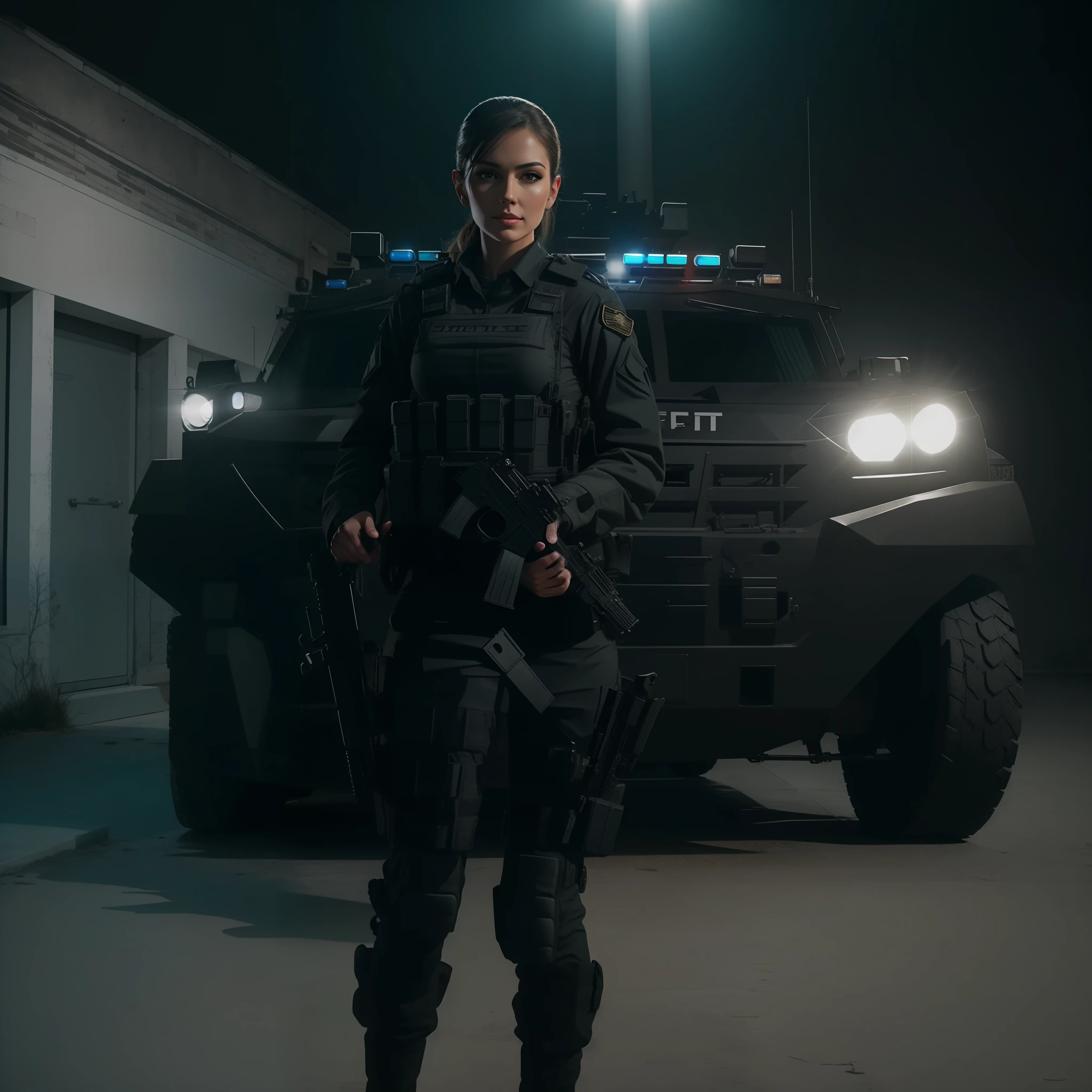 Hermosa mujer alta y atractiva con uniforme militar swat negro sosteniendo un escenario nocturno de arma con auto swat con cirene en la mejor calidad y mejores efectos, mejores sombras, mejor iluminación 8k