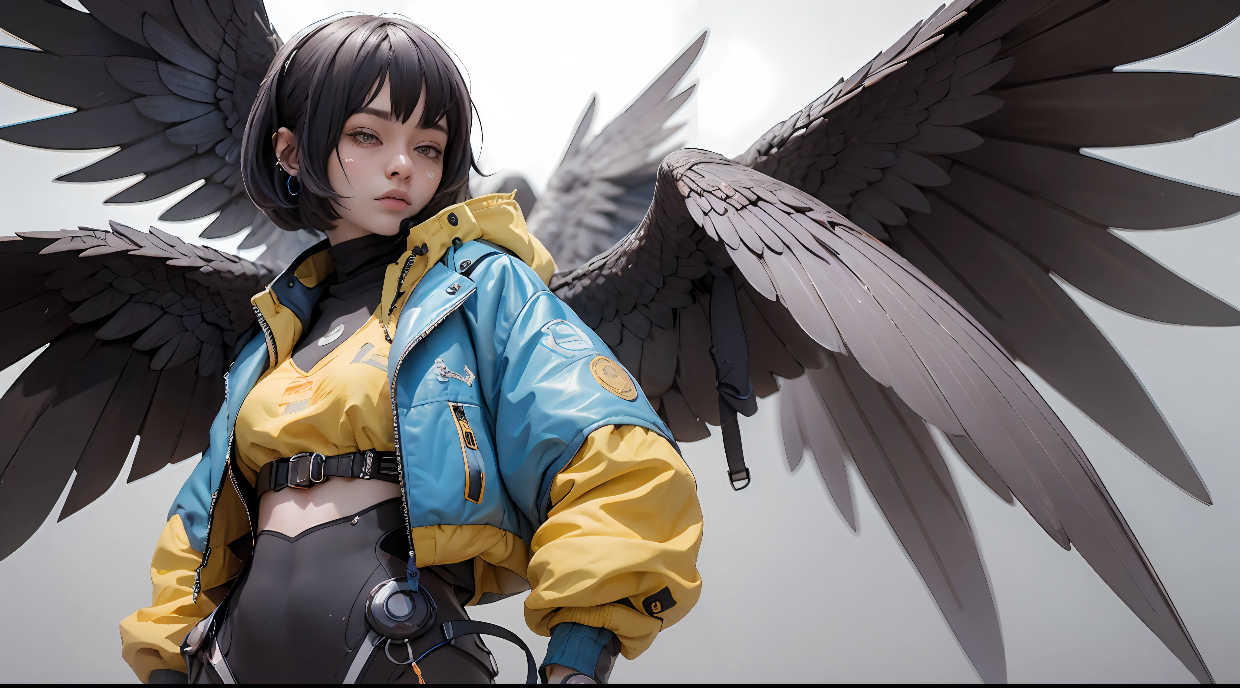 Nijiloraeagle Ulzzang-6500, en el estilo de colorido modelado de superficies duras, cyberpunk samuraipunk, Hyper - ilustraciones detalladas realistas, Hyper - Representación detallada, Retrato, solo, encantadora nijigirl con alas de acero inoxidable - águila, ((vistiendo ropa técnica azul y una chaqueta azul de gran tamaño)), con una katana hiperdetallada húmeda oscura - amarillo y cobalto y coral y oro negro, fondo de color puro