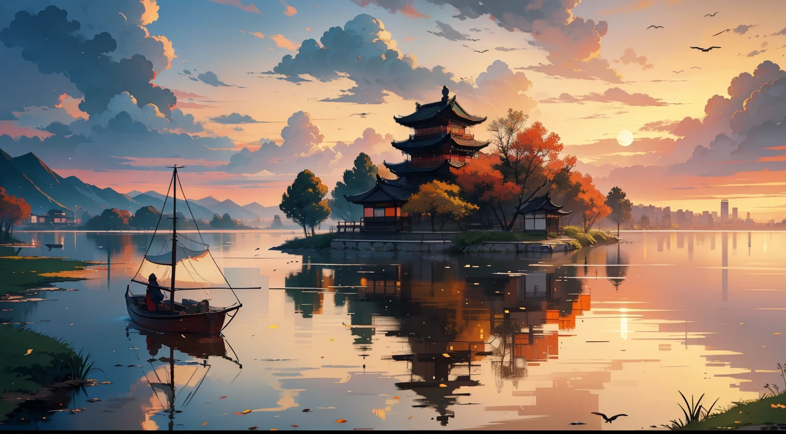 画中描绘了一艘湖中的船，背景是一座宝塔- SeaArt AI