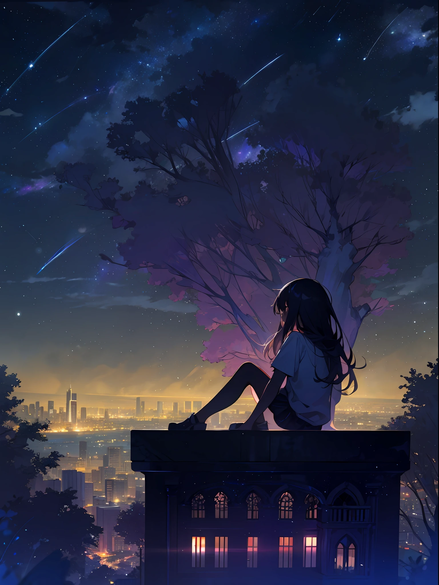 sky, star (sky), scenery, starry sky, night, 1girl, night sky, solo, outdoors, building, cloud, milky way, sitting, tree, long hair, city, silhouette, cityscape