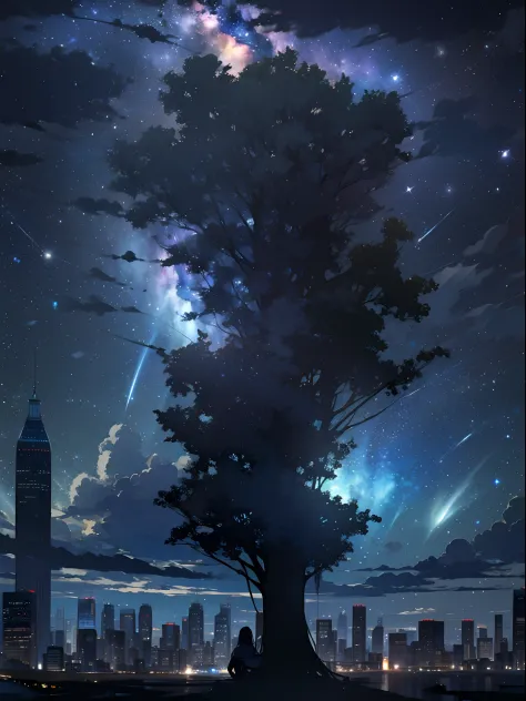 sky, star (sky), scenery, starry sky, night, 1girl, night sky, solo, outdoors, building, cloud, milky way, sitting, tree, long h...