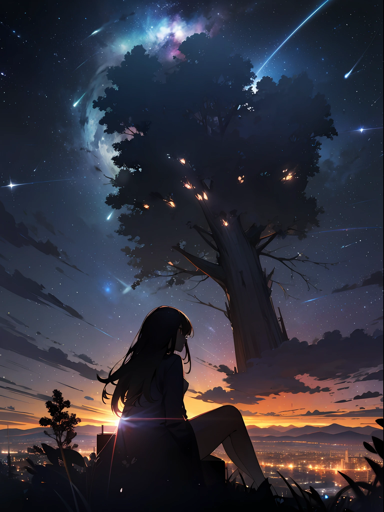 sky, star (sky), scenery, starry sky, night, 1girl, night sky, solo, outdoors, building, cloud, milky way, sitting, tree, long hair, city, silhouette, cityscape