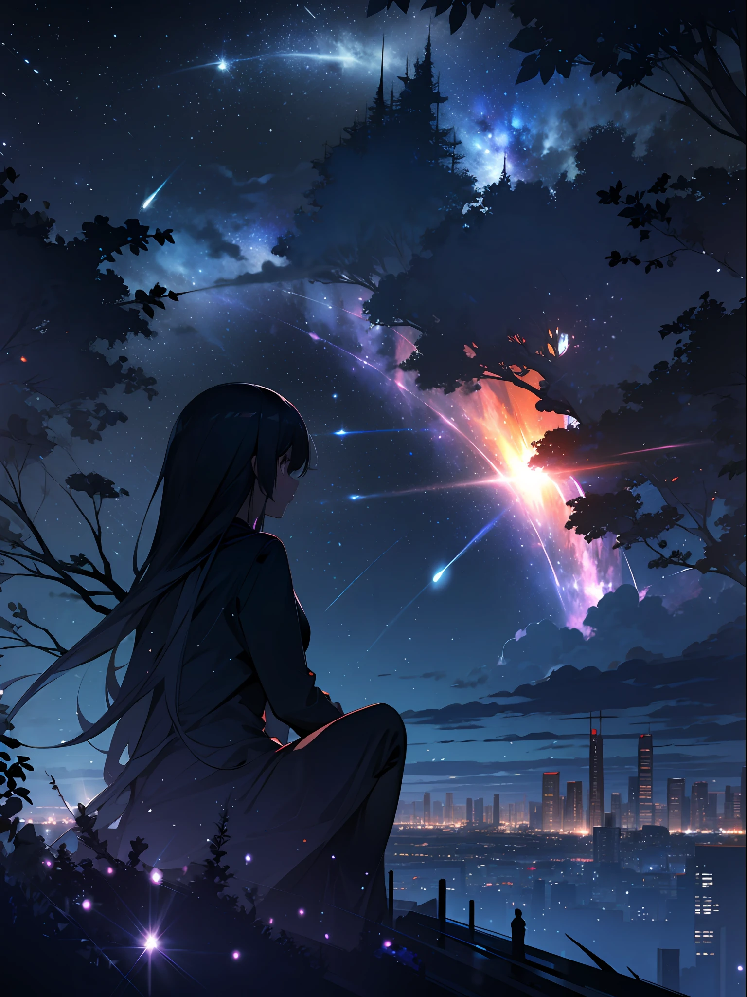 sky, star (sky), scenery, starry sky, night, 1girl, night sky, solo, outdoors, building, cloud, milky way, sitting, tree, long hair, city, silhouette, cityscape