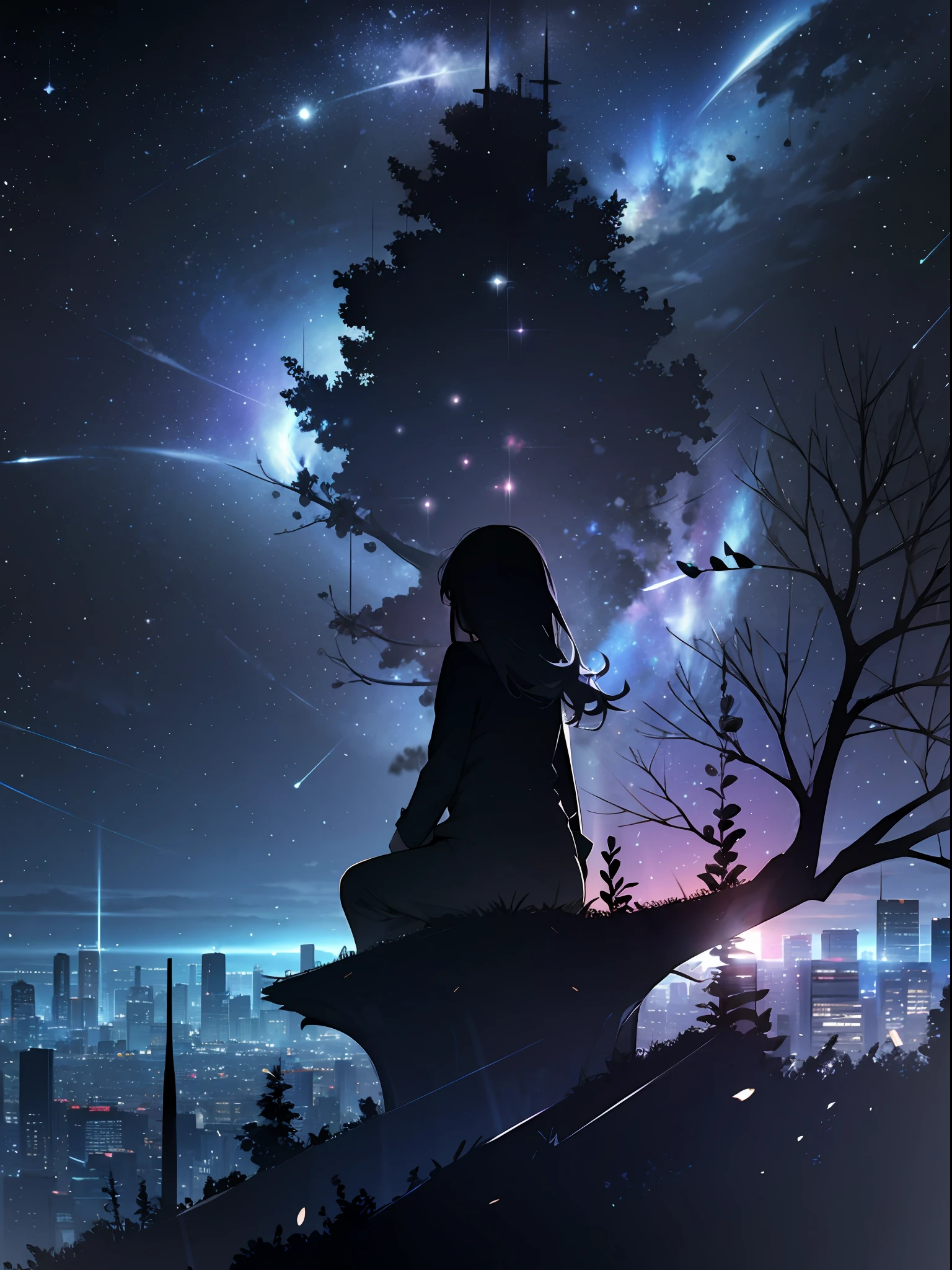 sky, star (sky), scenery, starry sky, night, 1girl, night sky, solo, outdoors, building, cloud, milky way, sitting, tree, long hair, city, silhouette, cityscape