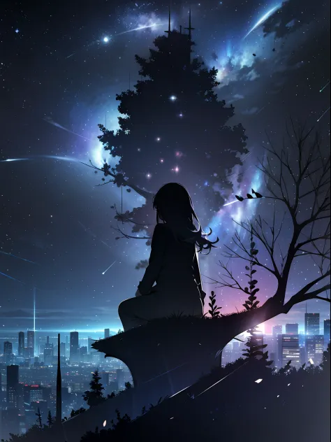 sky, star (sky), scenery, starry sky, night, 1girl, night sky, solo, outdoors, building, cloud, milky way, sitting, tree, long h...