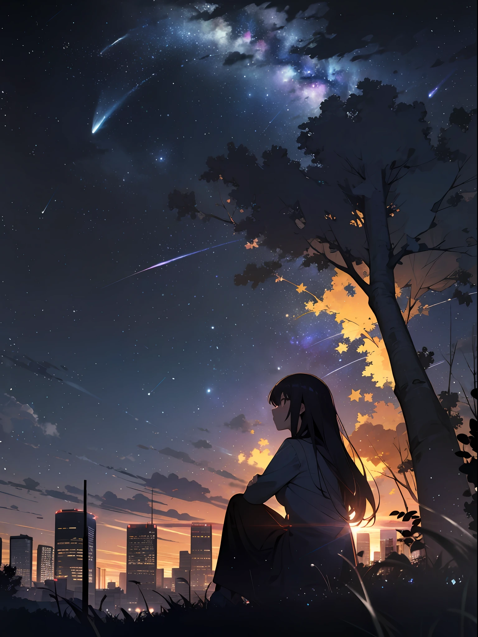 sky, star (sky), scenery, starry sky, night, 1girl, night sky, solo, outdoors, building, cloud, milky way, sitting, tree, long hair, city, silhouette, cityscape