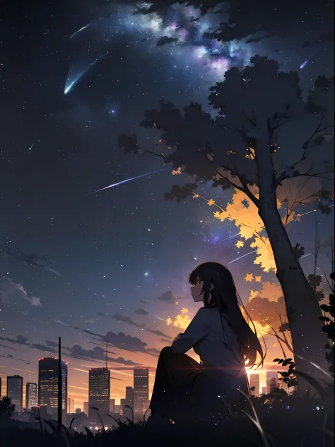 sky, star (sky), scenery, starry sky, night, 1girl, night sky, solo, outdoors, building, cloud, milky way, sitting, tree, long h...