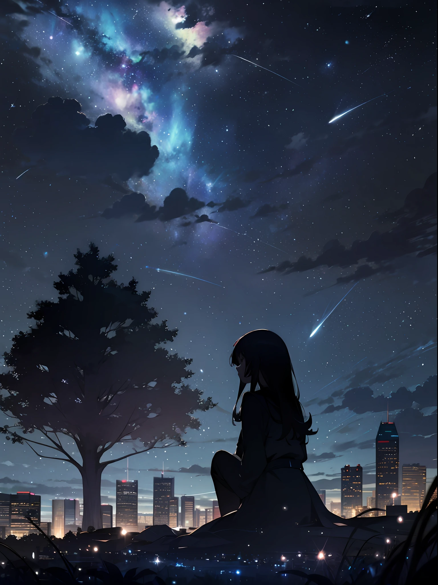 céu, star (céu), cenário, starry céu, noite, 1 garota, noite céu, Sozinho, ao ar livre, prédio, Nuvem, via Láctea, sentado, árvore, cabelo longo, cidade, Silhueta, cidadescape