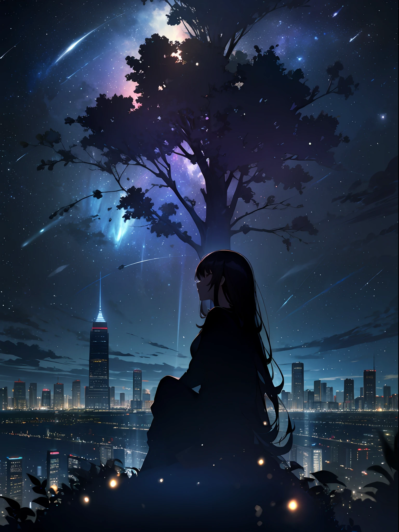 sky, star (sky), scenery, starry sky, night, 1girl, night sky, solo, outdoors, building, cloud, milky way, sitting, tree, long hair, city, silhouette, cityscape