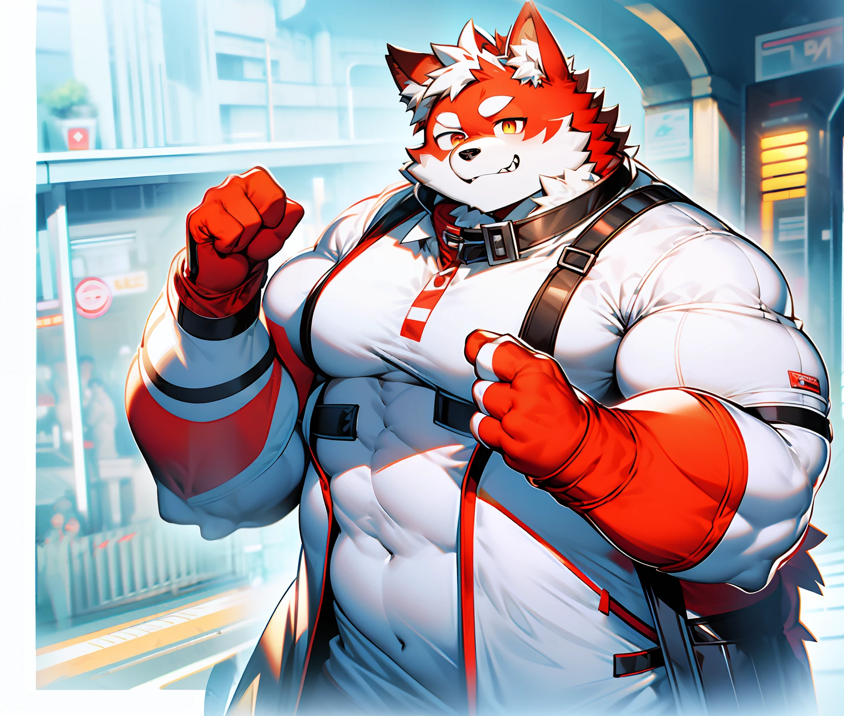 coyote，Furry，Redhead and white，musculature，Muscle men，nakeness，Strong，ultraclear，Has a large ，Collar，Black  shorts，Black sclera，red pupils，Abs，Yellow coat，The erection，Collar，Has a large ，der riese，tit，Solo，Stout arms，Storm jacket，Badge，Pronounced abs，ssmile，subway station background，Urban style，hold fists,Big ，Red storm jacket，Red gloves，Blue shoes，red striped，