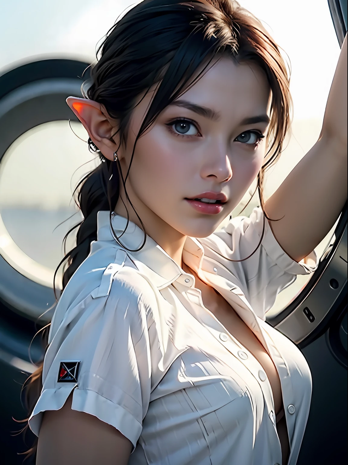 Ultra-detailed complex 3D rendering of face, (Colossal: 8.8), (masterpiece, top quality, octane rendering, 8K), glamour shot full body image, very beautiful young elf, cleavage, (very detailed skin: 1.2), (exposure: 1.1), brown-haired, ((wearing a plummeted open shirt of white silk: 1.10)), beautiful Caucasian woman with black skin with full soft breasts with big buttocks, Single, long braided hair, big breasts, dynamic angle, mystical expression, ultra-realistic photo, (((portrait)))), bare feet, futuristic urban background, facial muscles, detailed and beautiful queen gold crown, in the style of Marvel Comics, ArtStation trends, clear focus, studio photography, intricate details, very detailed, detailed red eyes, very detailed, Sharp Focus, Digital Rendering, Professional, Abs, Dark Grey Background,