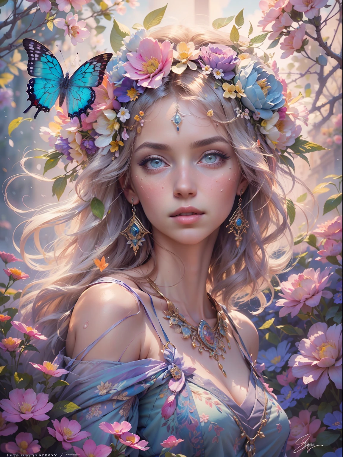 This artwork is dreamy and in the style of mythic fantasy, with soft watercolor hues in varying shades of pink, blue, and purple. Generate an ornate figure from Greek mythology and realistic skin and hair texture. Her strong, proud face has realistically shaded eyes and puffy lips, and a big mouth. Her soft, realistic hair is dancing in the breeze along with the flowers and detailed butterflies that surround her. Include highly detailed fantasy touches including a beautiful watercolor sky. Include 8k eyes, hires eyes, beautiful detail eyes, beautiful detailed eyes, and realistic eyes. Include fantasy details, enhanced details, iridescence, and colorful glitter. Pay special attention to her face and make sure it is beautifully and realistically detailed. 8k, intricate, elegant, highly detailed, majestic, digital photography, art by artgerm and ruan jia and greg rutkowski, (((masterpiece, finely detailed beautiful eyes: 1.2))), hdr, ((realistic skin texture)), rays of light, ornate flowers, dew drops, sunlight, hazy rays of sun, flowergateway style, castle, palace, archway, flowers, growing