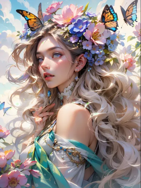 This artwork is dreamy and in the style of mythic fantasy, with soft watercolor hues in varying shades of pink, blue, and purple...