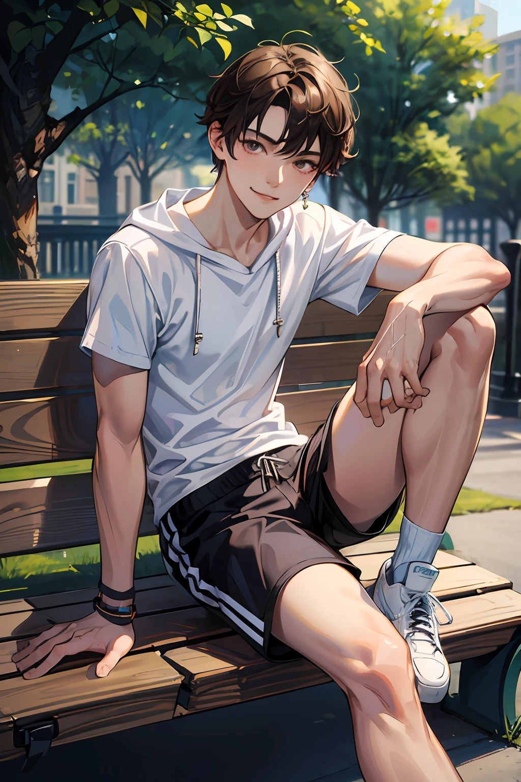 (absurdres, highres, ultra detailed, HDR), masterpiece, best quality, 1boy, solo, handsome, dark brown hair, finely eye and detailed face, forehead, ((tiny shorts)), sneaker, (pale and white skin), look at viewer, ear piecing, , smile, sitting on bench, park in background, full body view,topless