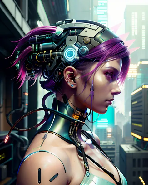 There was a woman wearing a headdress，Wearing a camera on his head, Hyper-realistic cyberpunk style, cyberpunk headset, Cyberpunk Style ， Hyperrealistic, styled like ghost in the shell, muted cyberpunk style, Cyberpunk headdress, cyberpunk transhumanist, has cyberpunk style, Portrait of a cyberpunk machine, cyborg - girl, Show on the《cyberpunk 2077》Curly, Enhanced cyborgs