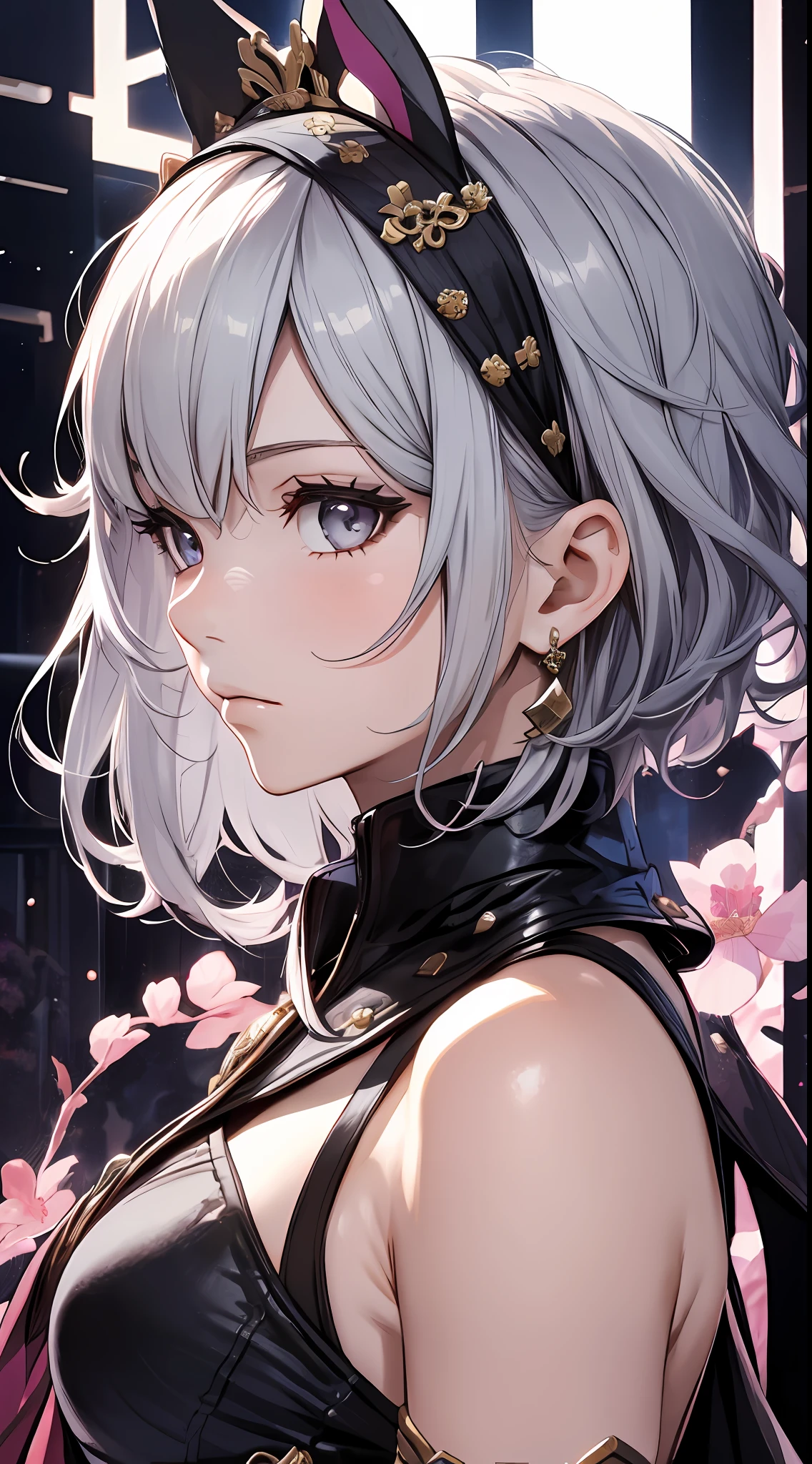 Mast, best quality, 1 girl, shenhe \ (Genshin Impact), silver gray hair, gray eyes, short hair, headband, hair accessories, looking at the audience, from the side,