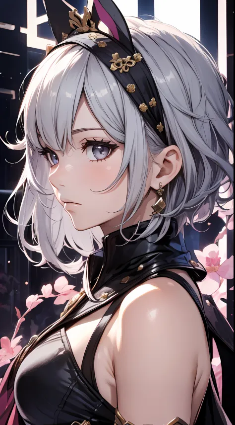 Mast, best quality, 1 girl, shenhe \ (Genshin Impact), silver gray hair, gray eyes, short hair, headband, hair accessories, look...